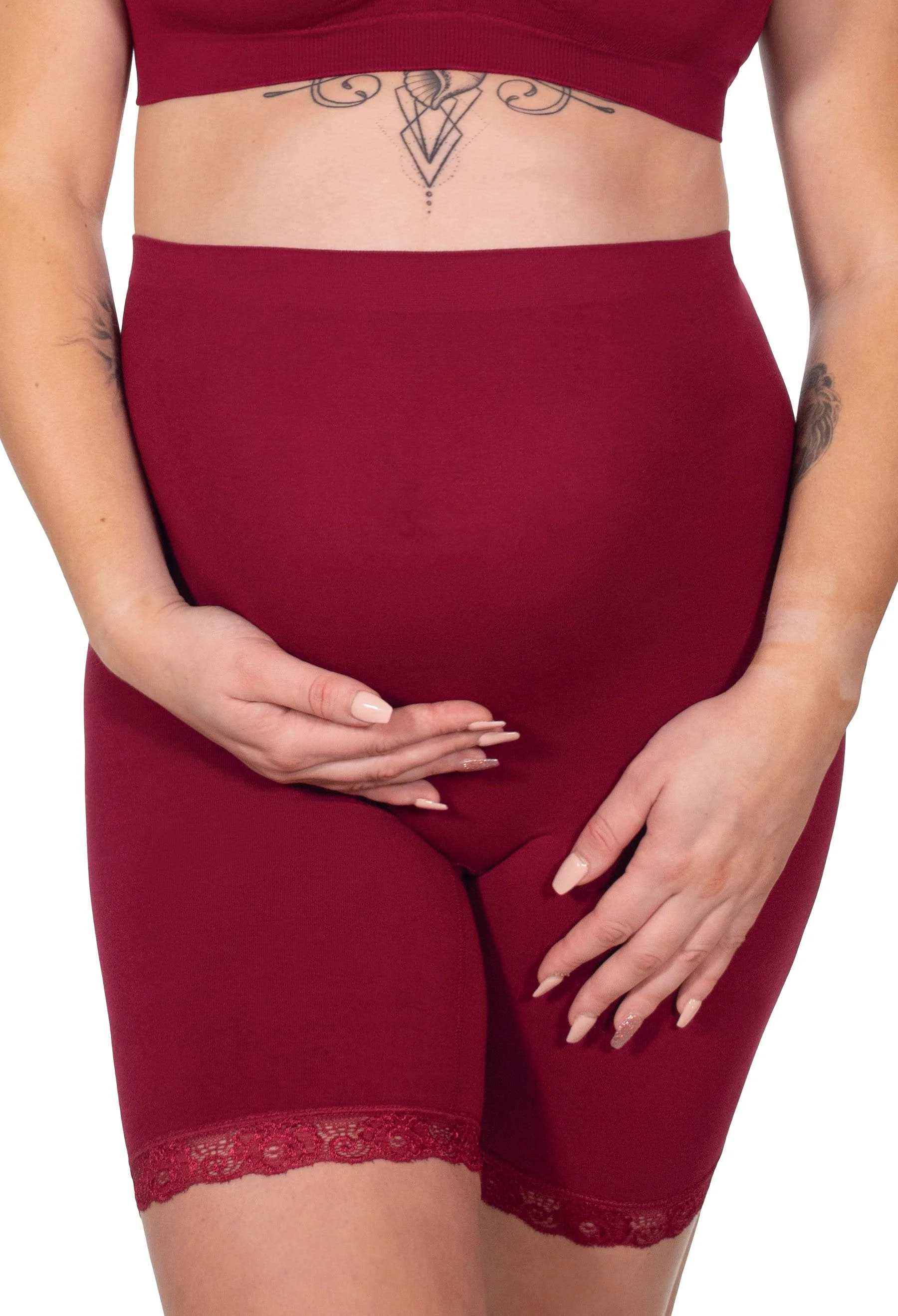 Maternity Anti Chafing High Rise Long Cotton Rich Shorts | Burgundy - Image 2