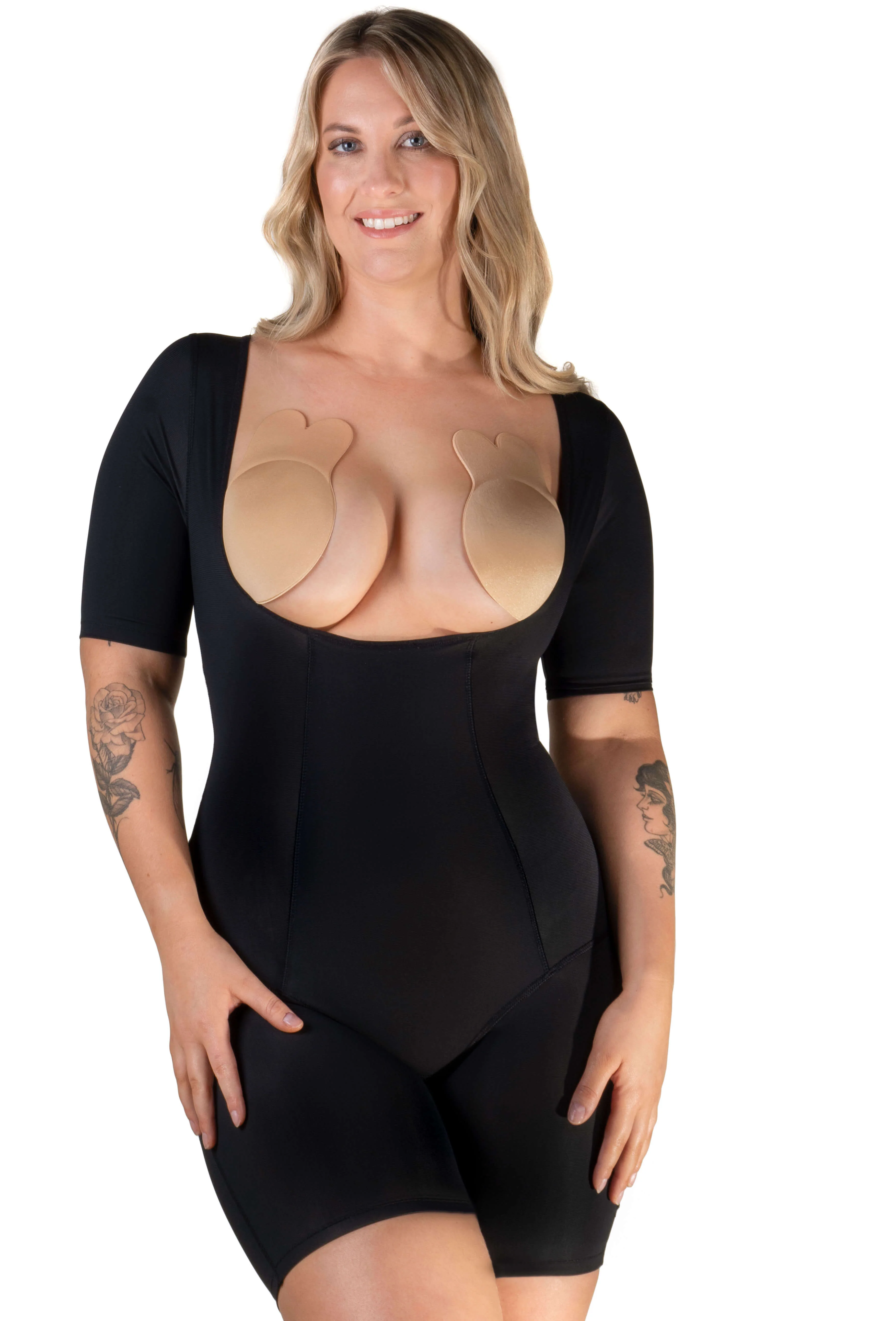 Open Bust Short Sleeve Shaping Bodysuit with Shorts - Image 11