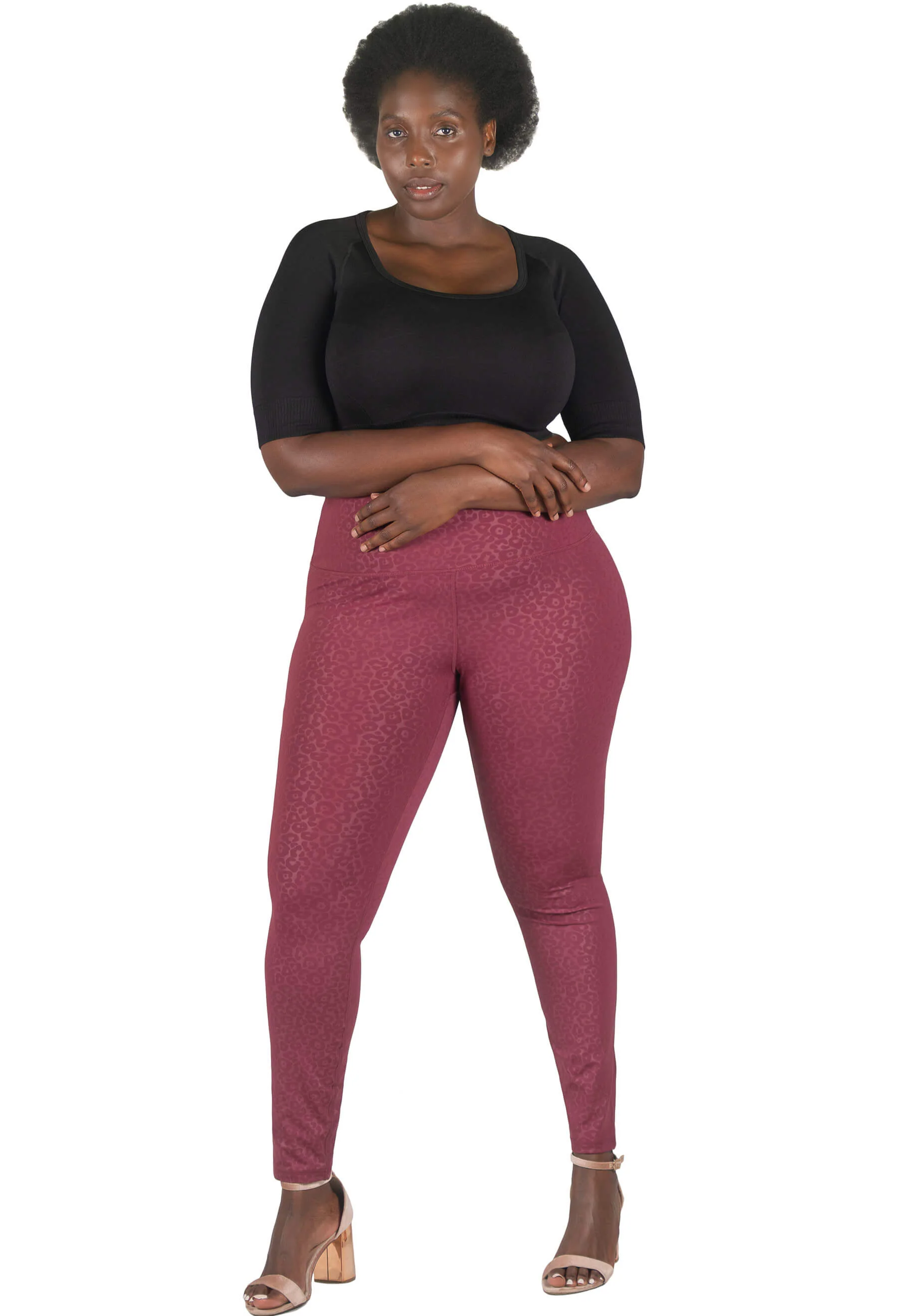 Plus Size High Waisted Burgundy Leopard Print Leggings - Image 7