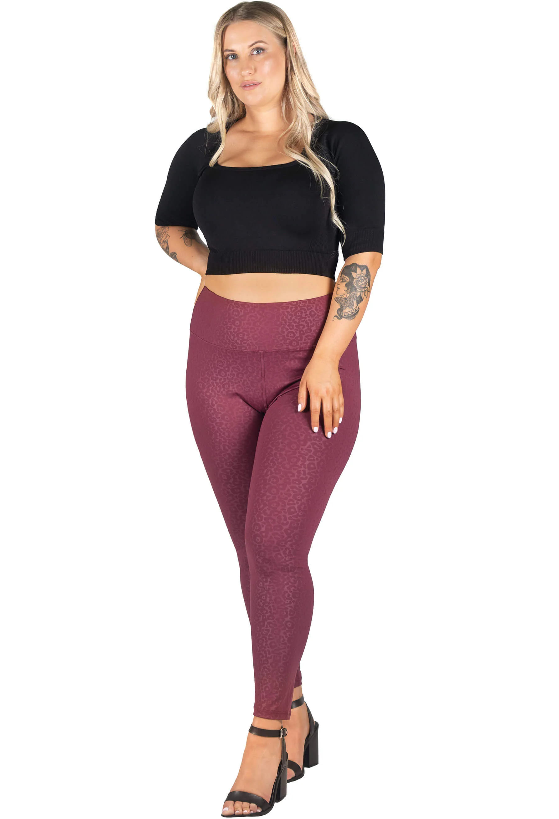 Plus Size High Waisted Burgundy Leopard Print Leggings - Image 6